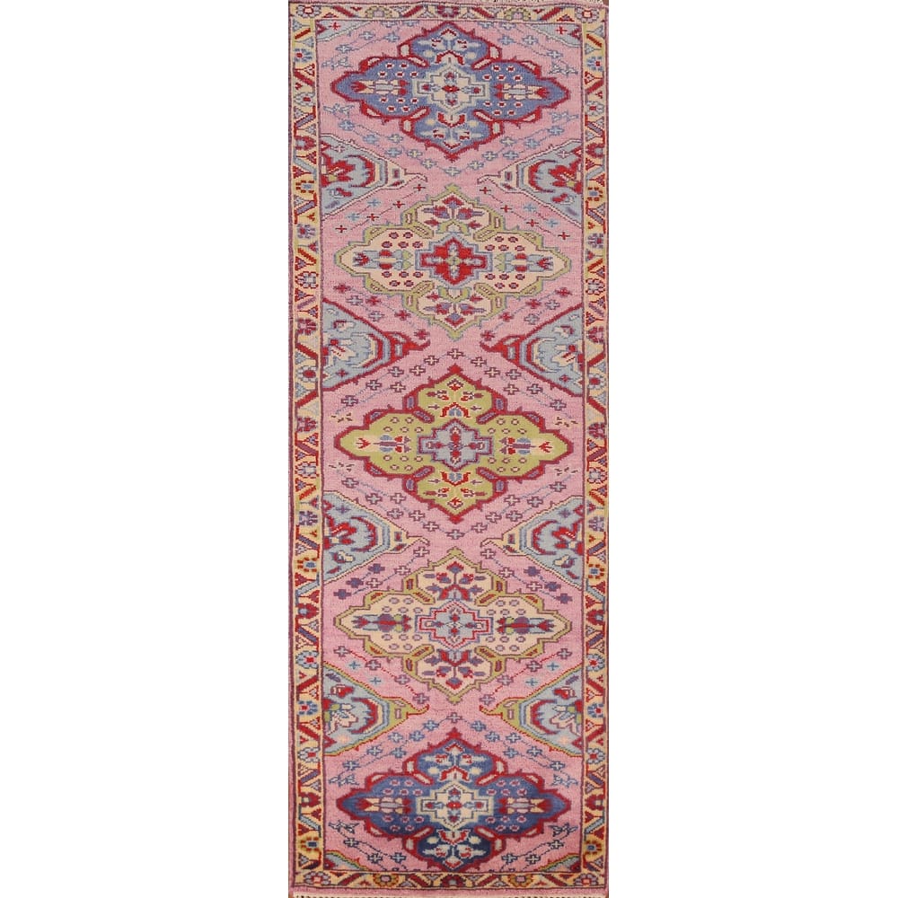 Pink Geometric Heriz Serapi Indian Runner Rug Handmade Wool Carpet - 2'8" x 9'9"