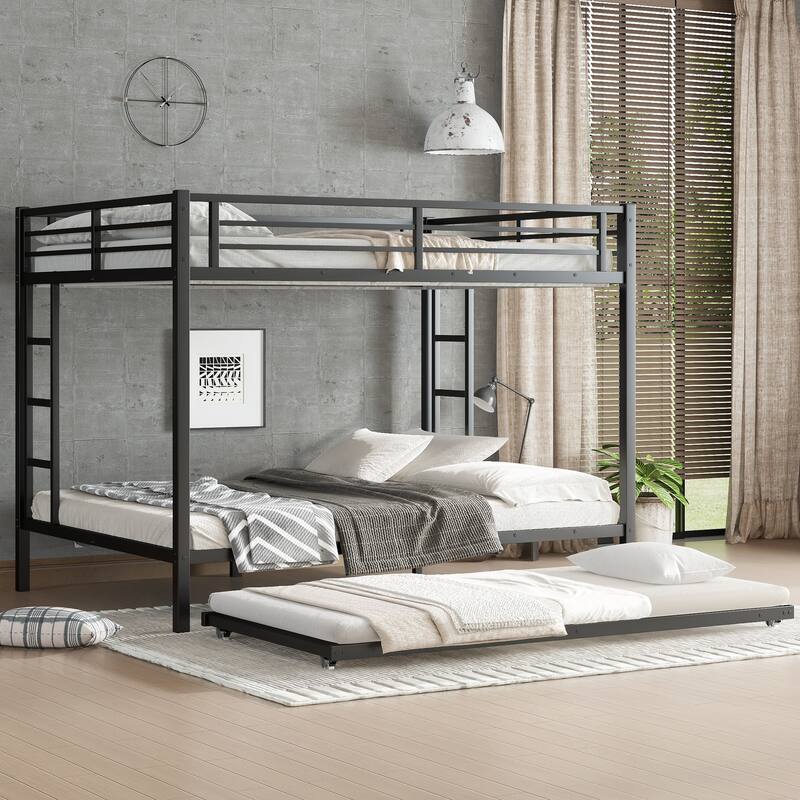Metal Bunk Bed with Twin Size Trundle – Black Finish, Space-saving Design for Kids/Teens, Sturdy Frame, Easy Assembly - Queen
