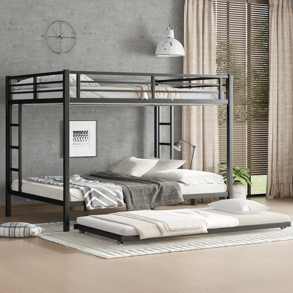 Queen over Queen Metal Bunk Bed with Twin Trundle, Black