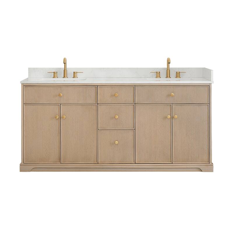 Barnett Bathroom Vanity in Natural Oak with Grain White Engineered Stone Countertop No Mirror