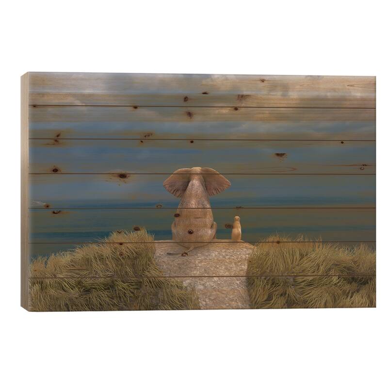 Elephant And Dog Look At The Stormy Sky II Print On Wood by Mike Kiev - Multi-Color - 26x40x1.5