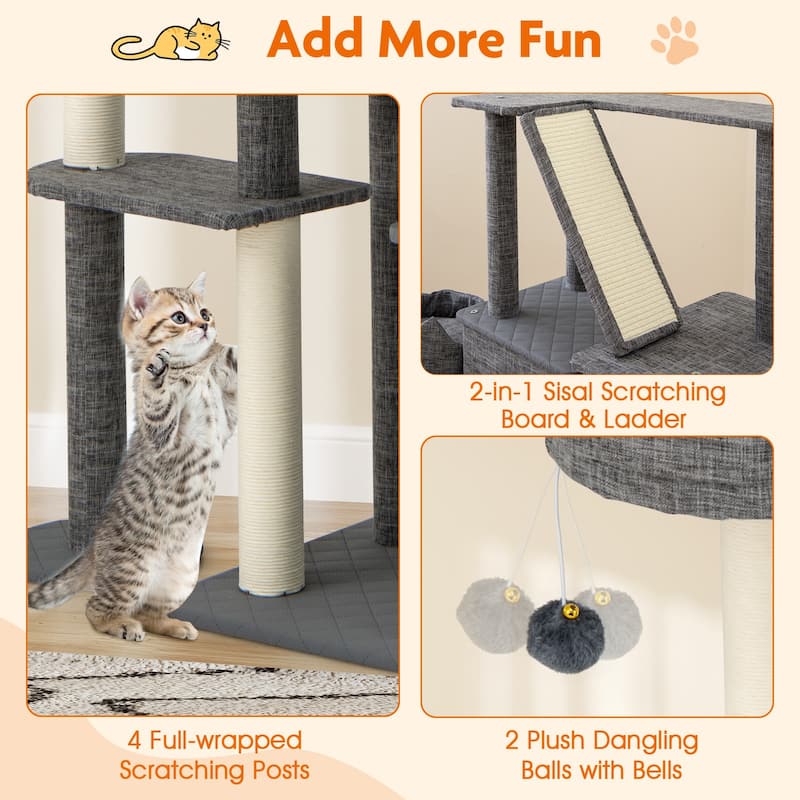 Engineered Board Cat Tree with Sisal Posts, Plush Condos and Anti-Topple Design - 34" L x 16" W x 71" H