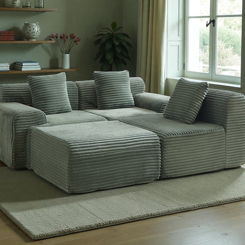114" Corduroy Modular Sectional Sofa, Boneless Design with 4 Configurable Modules, Wide Backrest & 3 Pillows, No Assembly