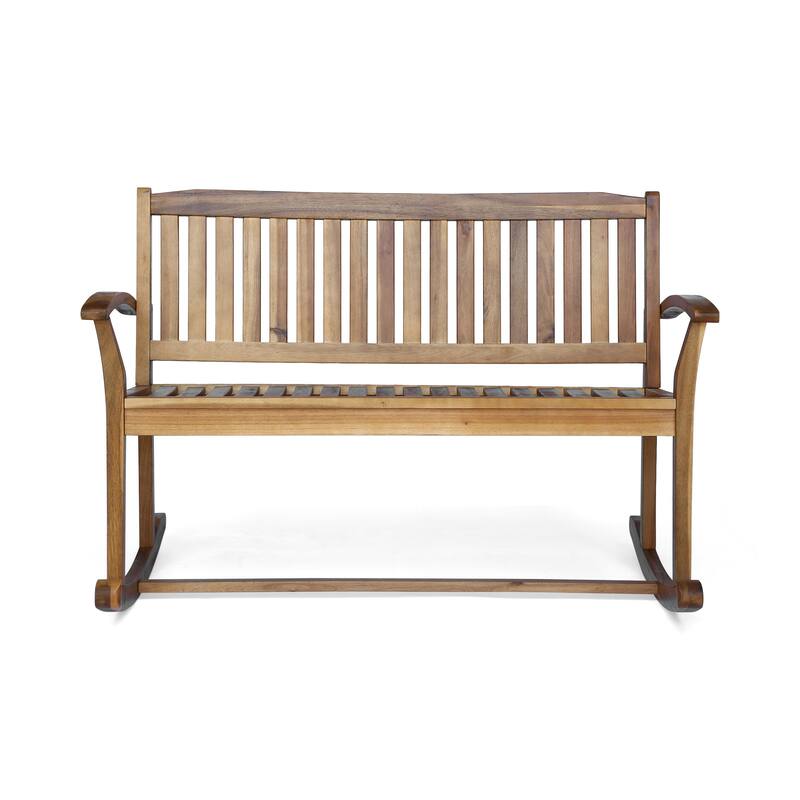 Outdoor Rocking Loveseat Bench, 50 Inch, Natural Brown Acacia Wood