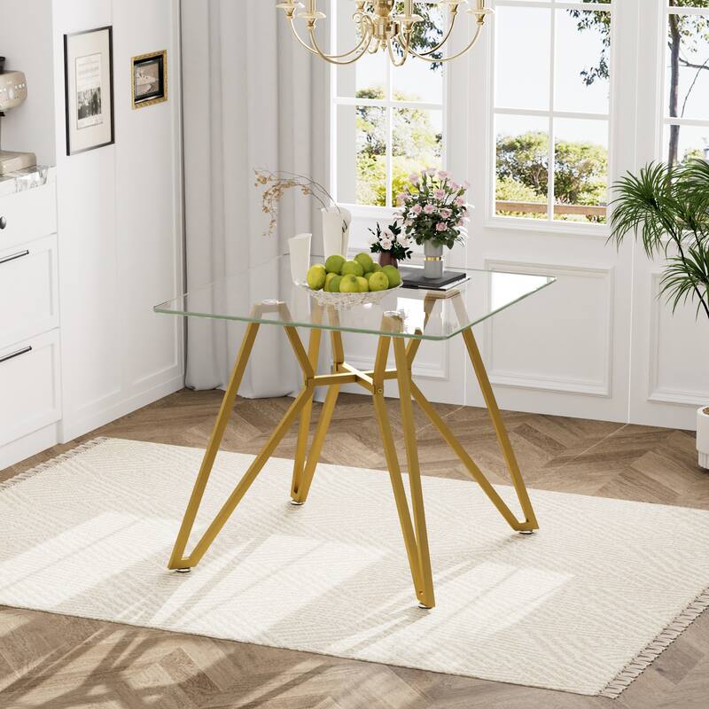 35.4-Inch Square Tempered Glass Dining Table - For 2-4 People, Space-Saving Small Kitchen Dining Table - Gold