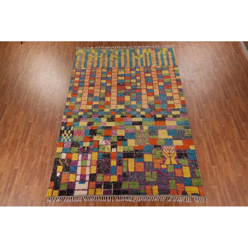 Colorful Checkered Moroccan Plush Area Rug Handmade Wool Carpet - 8'8" x 12'9"