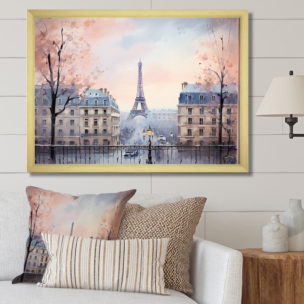 Designart "Vintage Calm Paris City View" Paris Blue Wall Decor - Industrial Bedroom Framed Canvas Wall Art