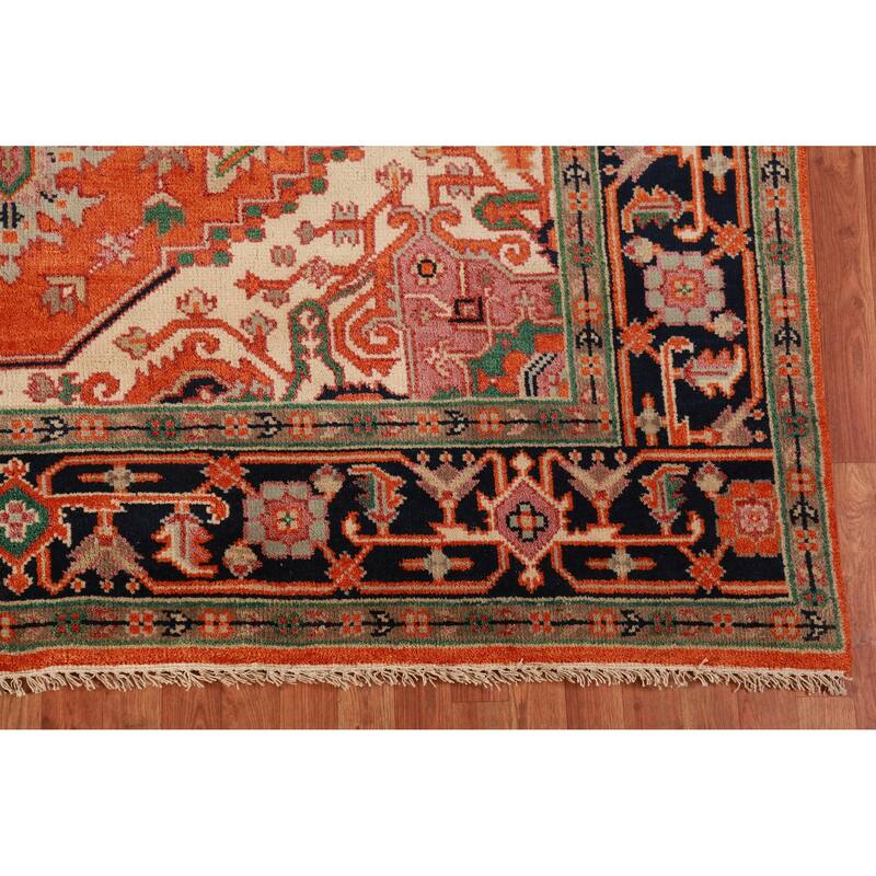 Orange Medallion Heriz Serapi Oriental Rug Hand-Knotted Wool Carpet - 8'1" x 9'11"