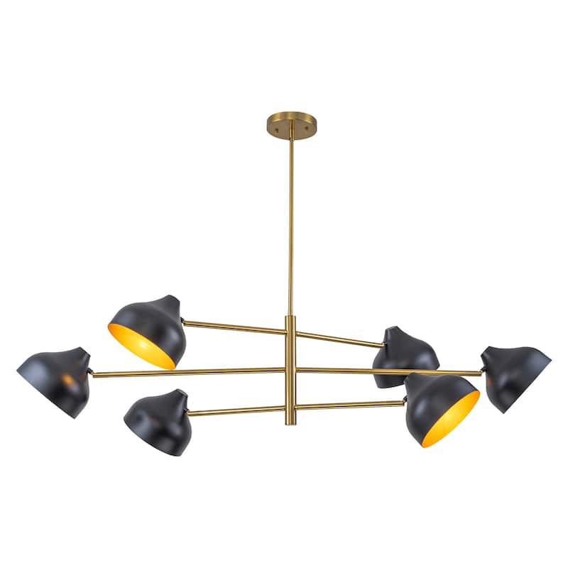 6-Light Mid-Century Matte Black & Gold Linear Chandelier Iron Shades - W 55.12-in