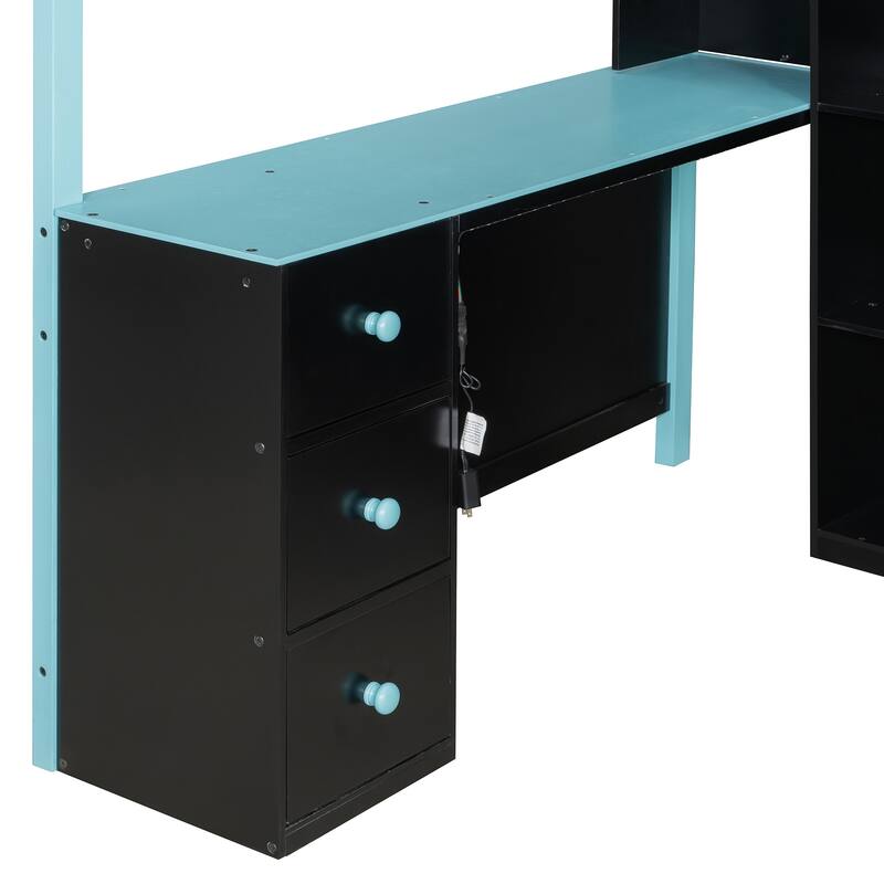 Full Size Gaming Loft Bed with Desk Full Wall Storage Shelf and 3 Drawers Storage Guardrail with Adjustable Door for Gaming Room