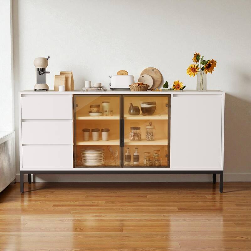 Buffet Cabinet with 3 Drawers and 2 Doors, Kitchen Sideboard Storage Console for Dining Room or Living Room - White