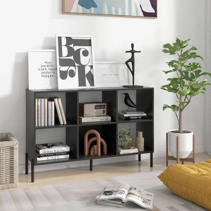 Modern Open Back Engineered Wood 6-Cube Bookshelf with 2 Adjustable Shelves and Metal Legs - 47" x 14" x 31.5" (L x W x H)