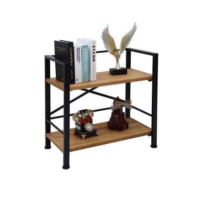 Rustic Bookshelf, 2 Tier Real Wood Bookshelf, Metal Book Shelf for Storage, Black Bookcase, 12.6" D x 23.62" W x 22.83" H