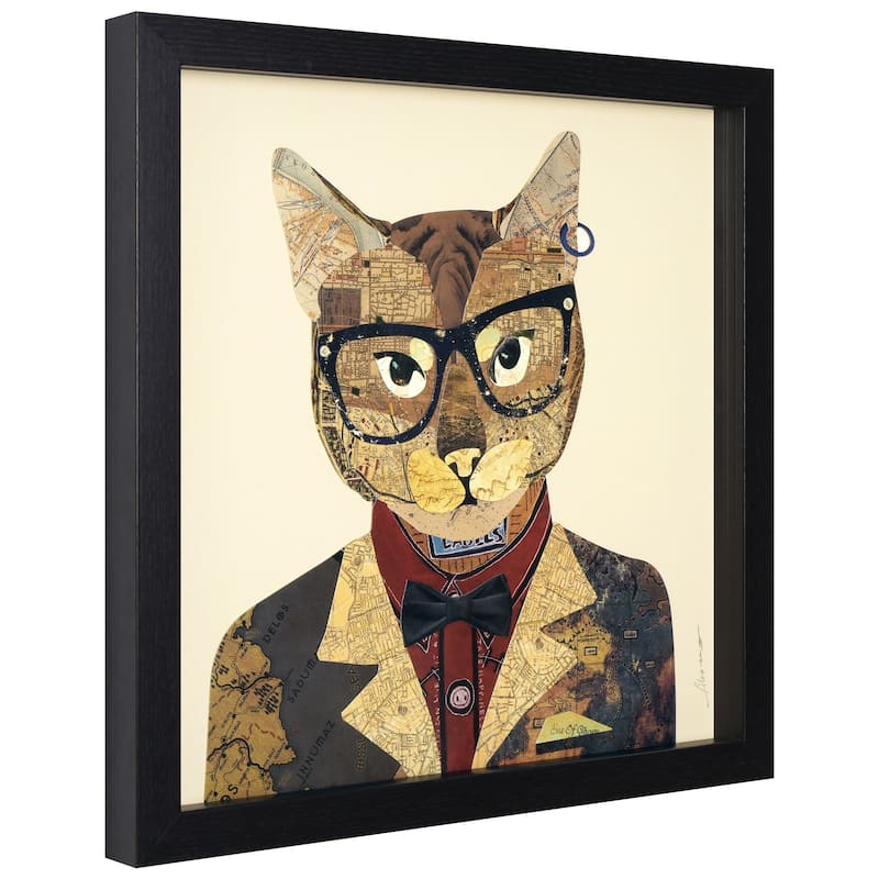 Empire Art "Funky Cat 2" Alex Zeng's dimensional collage, under glass & a black shadow box frame