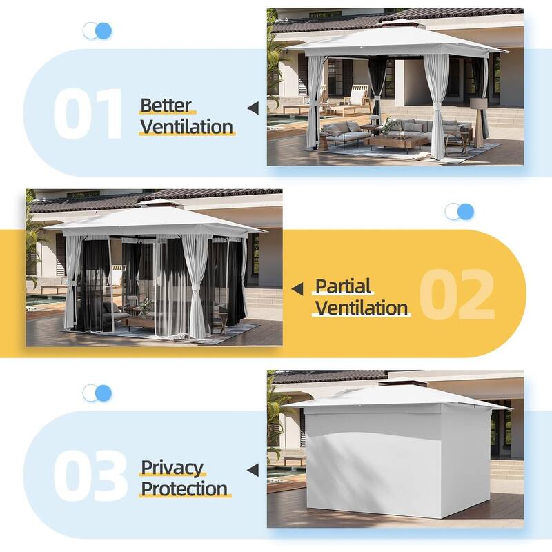 EROMMY Outdoor Gazebo with Double Roof, Heavy Duty Patio Canopy Tent with Netting and Curtains.