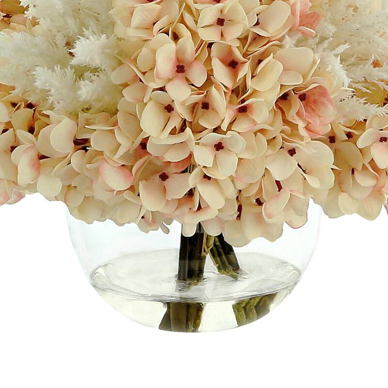 Hydrangea and Pampas Floral Arrangement in Round Glass Vase