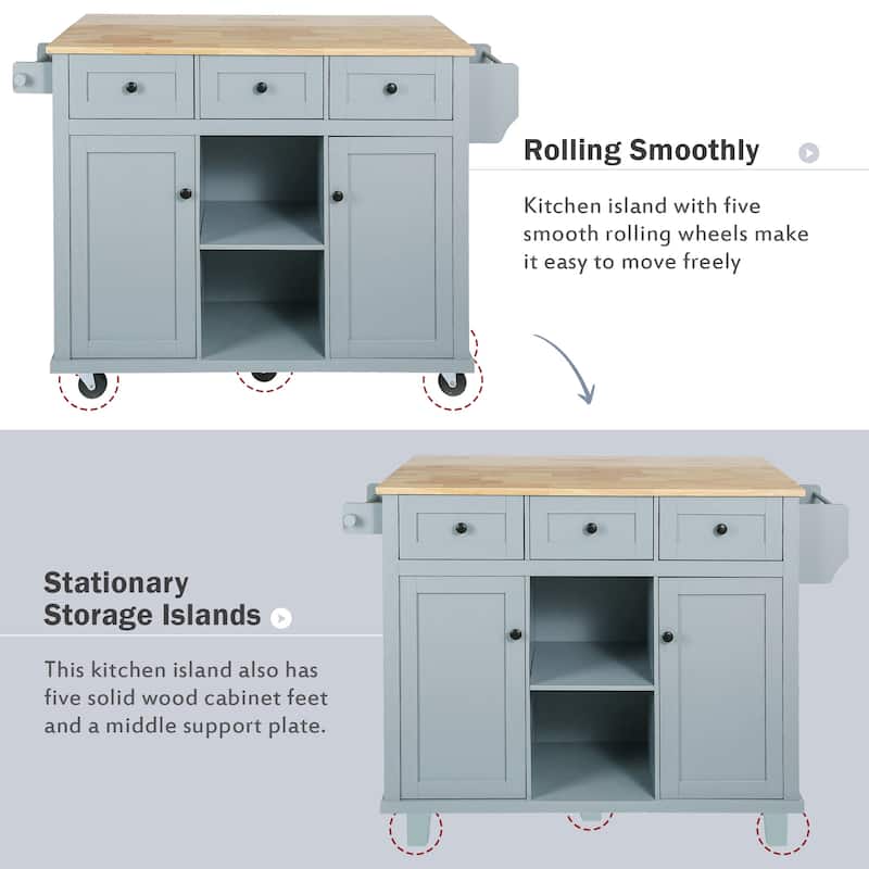 Drop-leaf Kitchen Cart, Blue Kitchen Cabinet, Stationary Kitchen Island Set with Drawers, Spice Rack, Rubber Wood Table Top