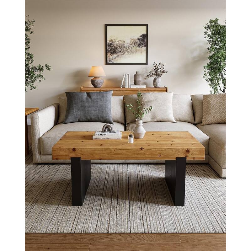 47.2" Solid Wood Coffee Table, Two-Tone Modern Rectangle Table for Living Room & Bedroom