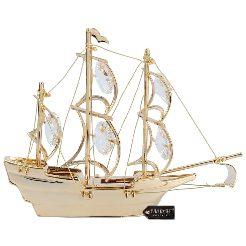 Matashi Home Decorative Tabletop Showpiece 24K Gold Plated Crystal Studded Mayflower Sailing Ship Ornament