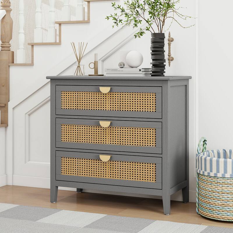 Roomfitters 3 Drawer Cabinet, Rattan Storage Dresser Chest for Bedroom, Living Room