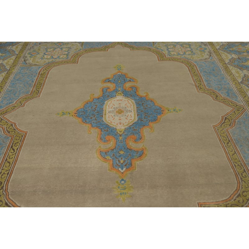 Hand Knotted Oriental 100% Wool Carpet Traditional Medallion Beige & Ivories Kerman Area Rug - 13' 4'' X 9' 7''