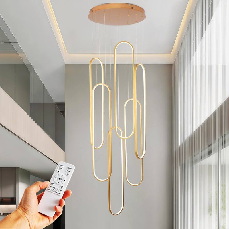 Modern Chandelier 6 Ring Adjustable Height Long Staircase LED Chandeliers Foyer Ceiling Light - 39in - gold