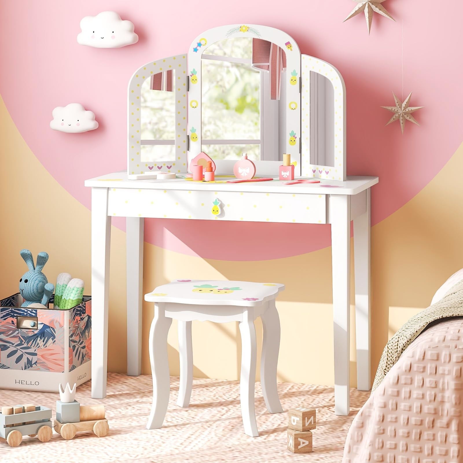 Kids Vanity Table, Princess Makeup Dressing Table with Drawer