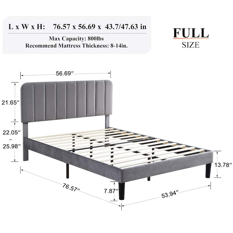 VECELO Velvet Upholstered Bed Frame with Vertical Channel Tufted Headboard, Adjustable Headboard, Wooden Slats Support
