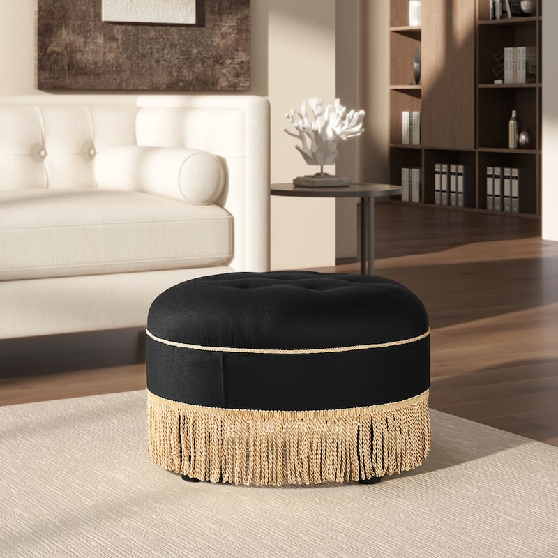 Yolanda 24" Upholstered Round Accent Ottoman - Jet Black Woven