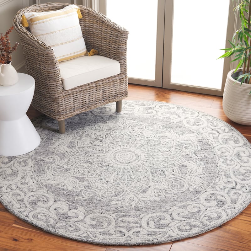 SAFAVIEH Handmade Abstract Ermilia Floral Scroll Wool Rug - 6' Round - Ivory/Light Grey