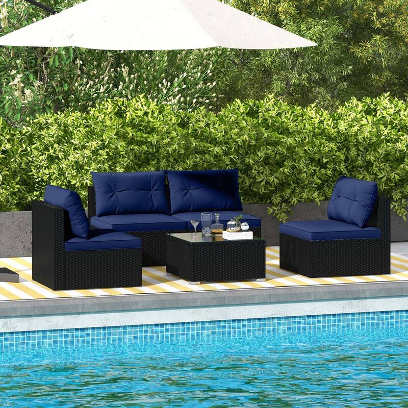 5 PCS Patio Furniture Set Outdoor Wicker Conversation Set w/ Cushions