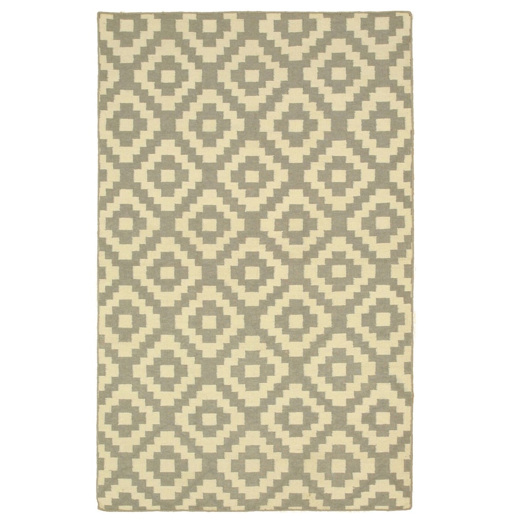 Gray Wool Flatweave Reversible Rug 8x10 - Contemporary Handmade Look with Elegant Trellis Motif - N/A