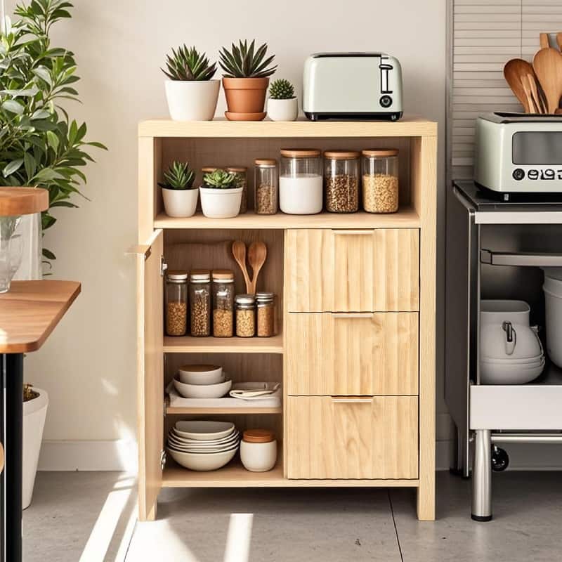 Freestanding Cabinet Oak 3-Drawer 1-Door Bathroom Livingroom