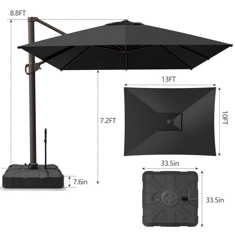 13 ft x 10 ft Outdoor Luxury Aluminum Patio Cantilever Offset Umbrella and Base with Wheels
