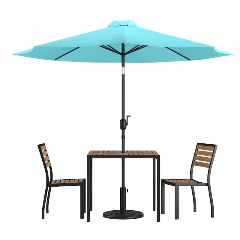 Faux Teak Patio Table, 2 Chairs & 9FT Patio Umbrella with Base