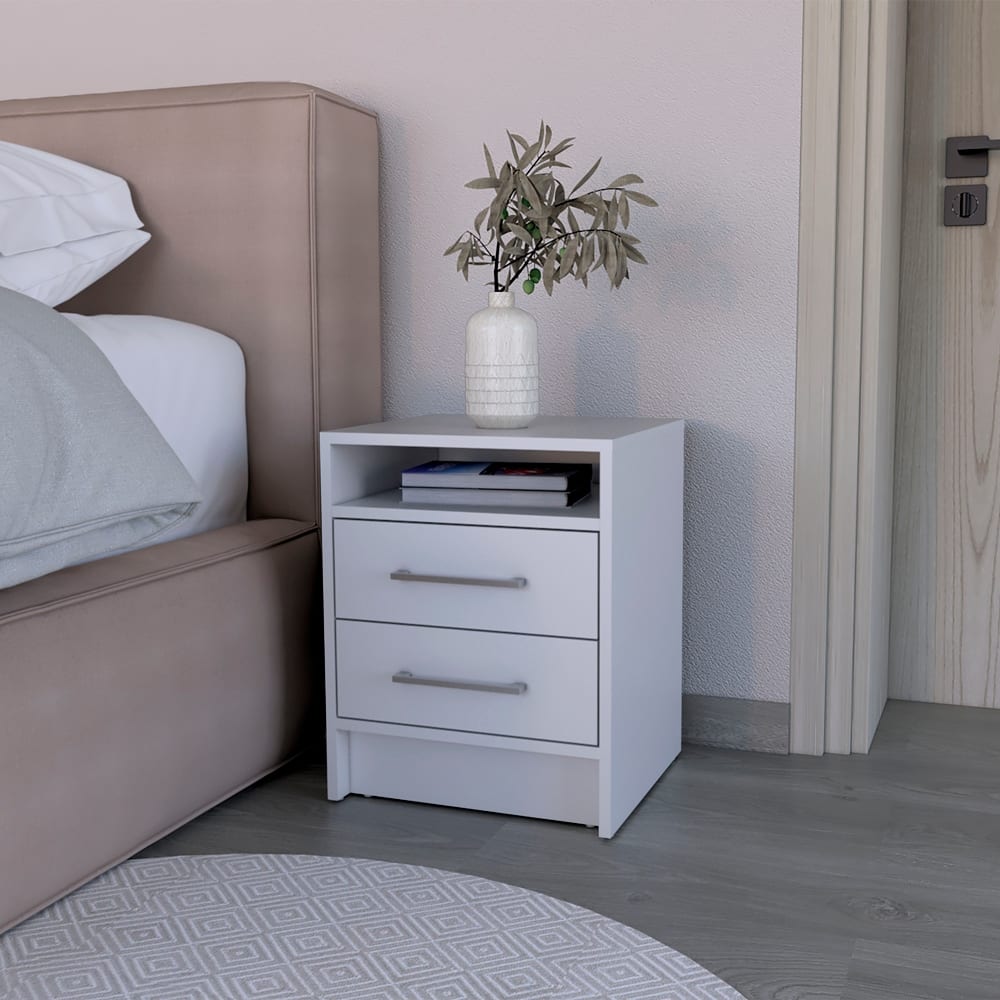 White Two-Drawer Nightstand with Semi-Open Shelf, 19.9\