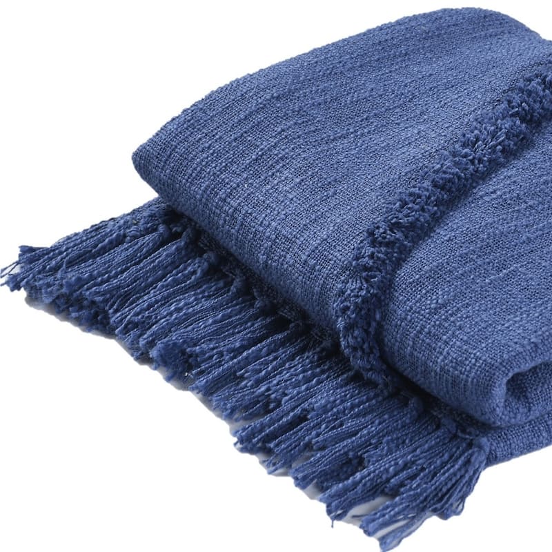 50" X 60" Blue Woven Cotton Throw Blanket with Fringe