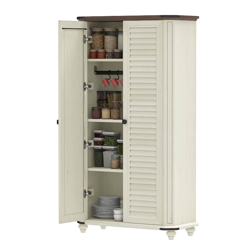 Moasis Farmhouse Pantry Cabinet 4-Tier Storage Cabinet with 2 Magnetic Doors and Adjustable Shelves&Hooks
