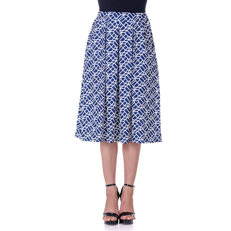 24seven Comfort Apparel Navy Print Elastic Waist Pleated Knee Length Pocket Skirt - Multi - 1X