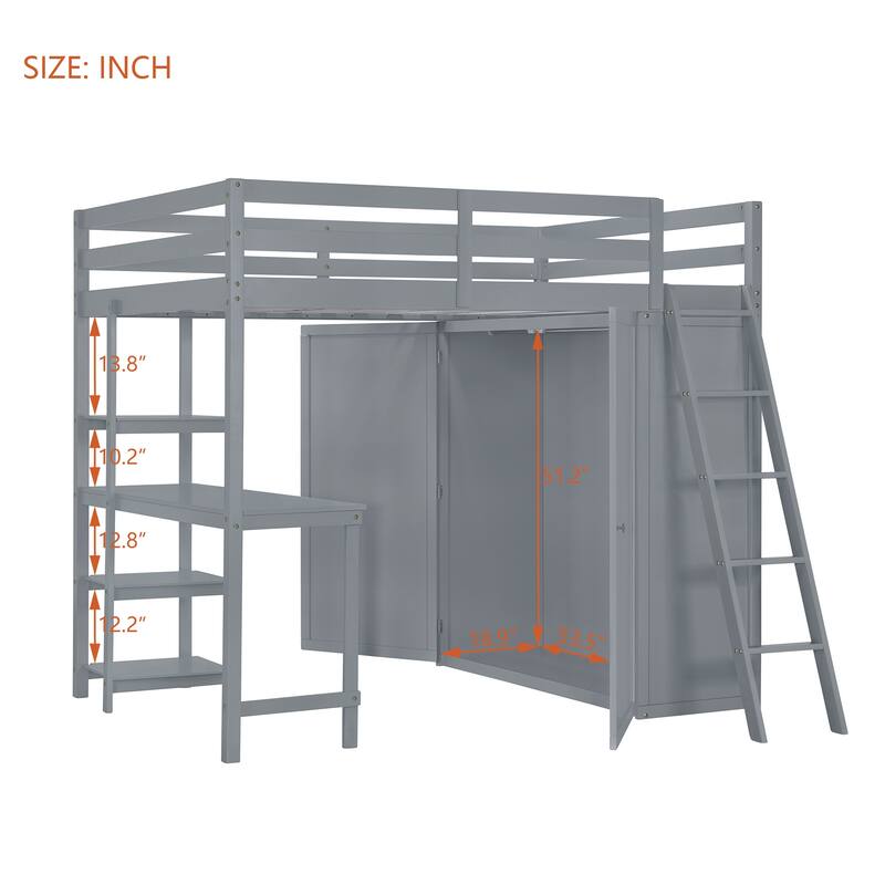 Modern Twin/Full Loft Bed with Built-in Wardrobe and Desk, Ideal for Small Spaces, White/Grey