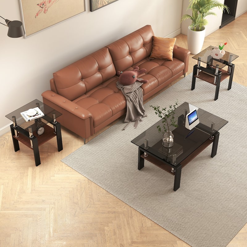 Set of 2 Modern Tempered Glass Tea Table ,Tempered Glass Tabletop with MDF Layer,Coffee Table