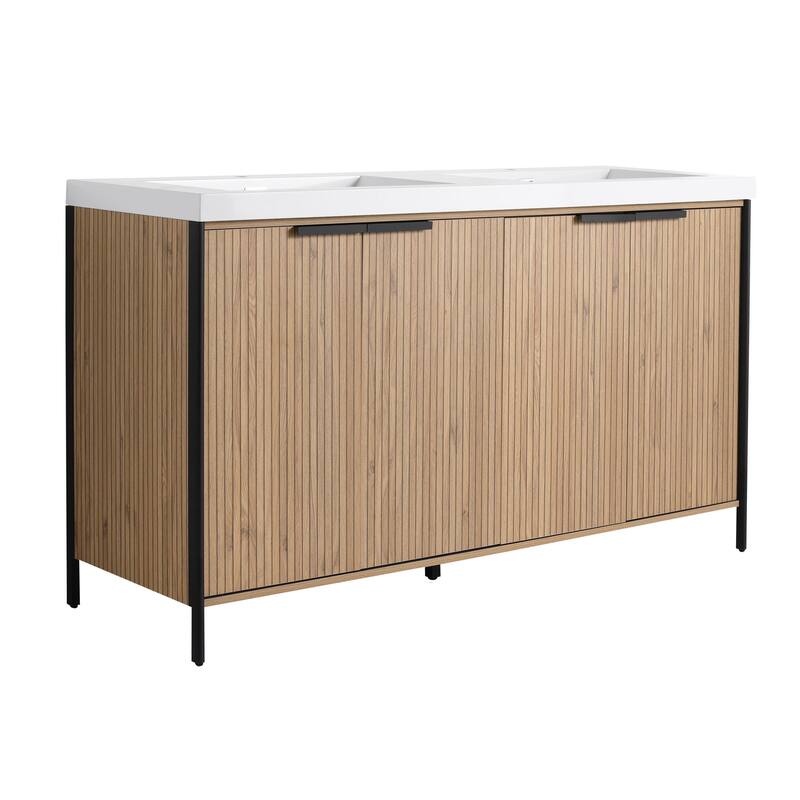 59-inch Double Sink Bathroom Vanity with Adjustable Shelves, Soft-Close Hinges, Resin Basin