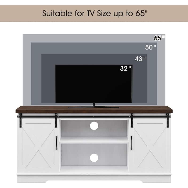 Farmhouse TV Stand for 65 Inch TVs, with Sliding Barn Doors