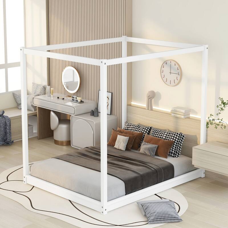 Queen Size Floor Canopy Platform Bed with Support Legs, Modern Design