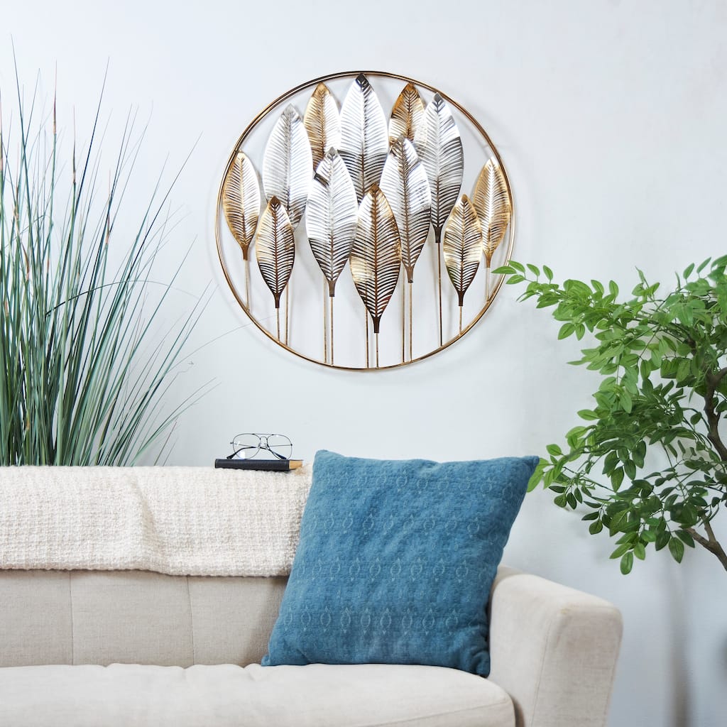 Gold Metal Metallic Leaf Home Wall Decor with Circular Frame and Silver Accents