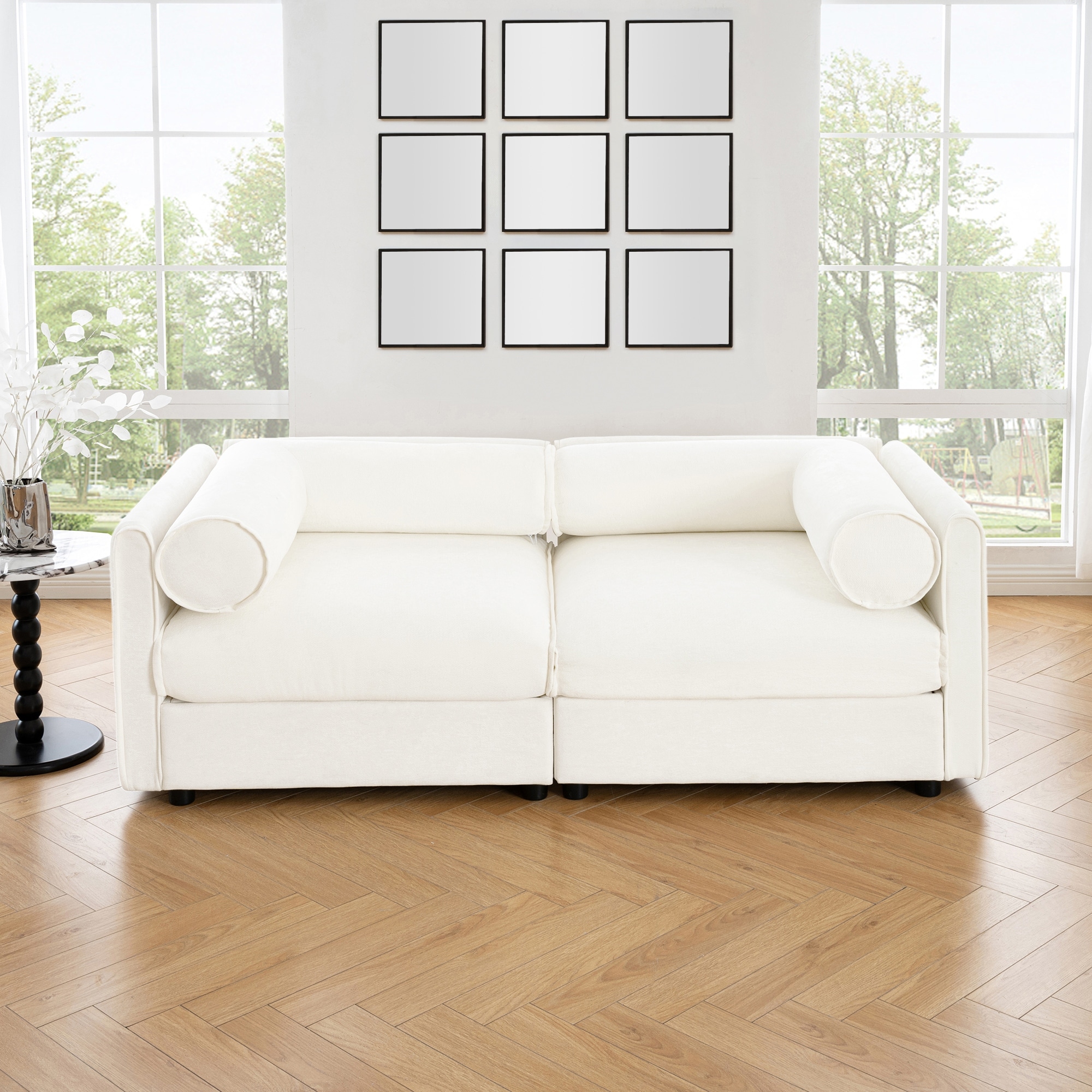 Stylish Chenille 2-Seater Sofa With Storage Seat, Cylindrical Backrest And Armrests, Modern Fabric Loveseat Featuring Storage