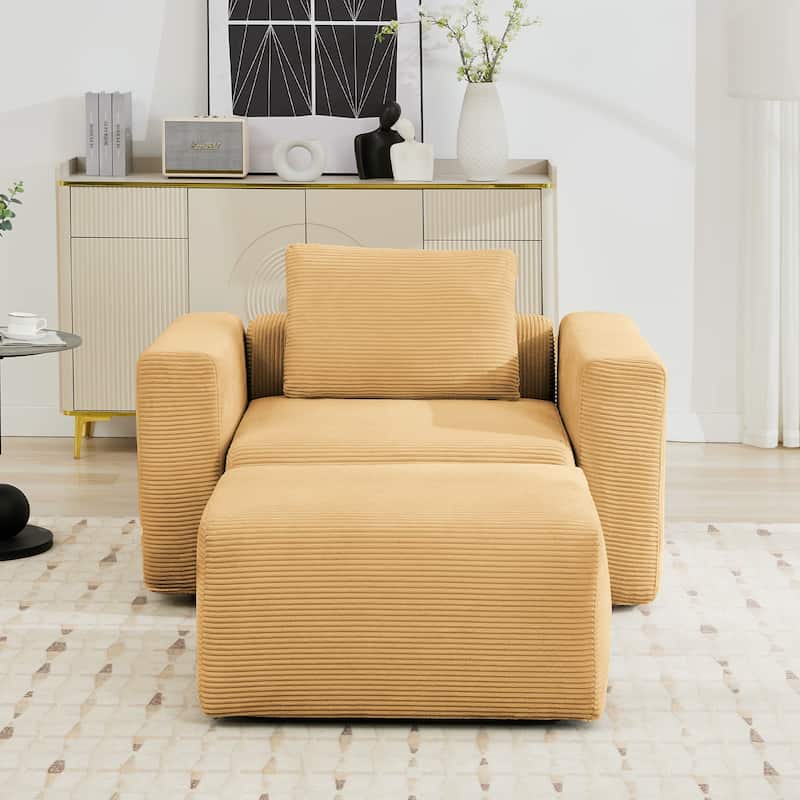Corduroy Sectional Modular Sofa with Square Arms & Ottoman Extension for Flexible Arrangements