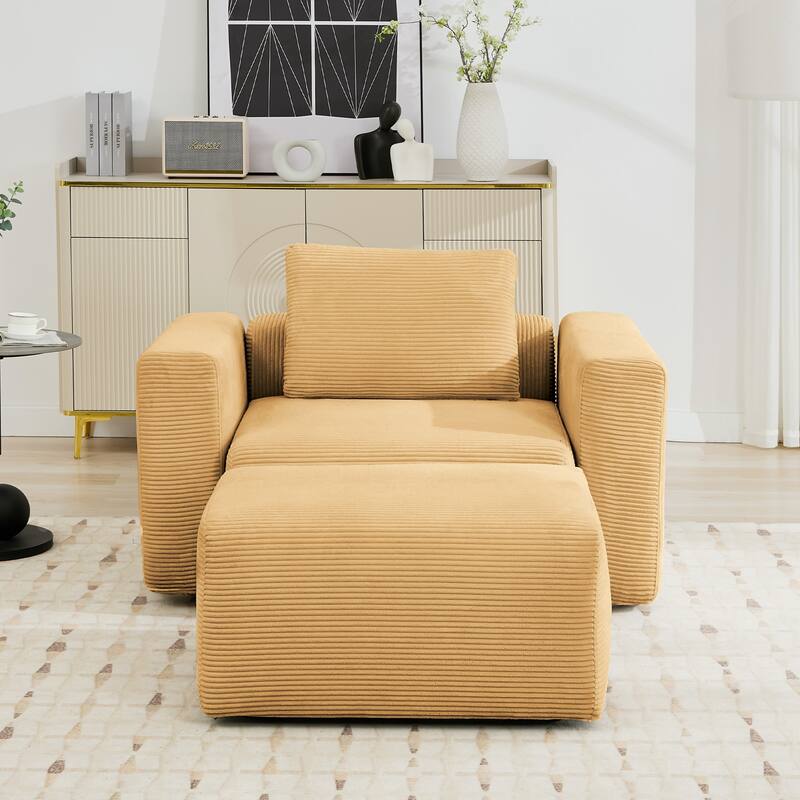 Corduroy Single Sofa Chair with a Large Ottoman, Square Arms & Ottoman Extension