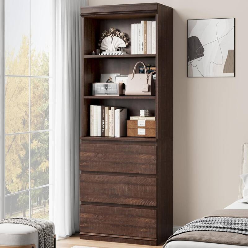 70 Inch Freestanding Modern Tall Bookcase with 3 Drawers - N/A