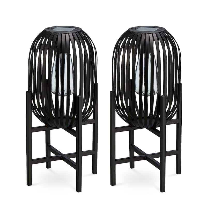 Glitzhome Set of 2 Outdoor Black Metal Striped Solar Lantern Floor Lamp - 14.25"H